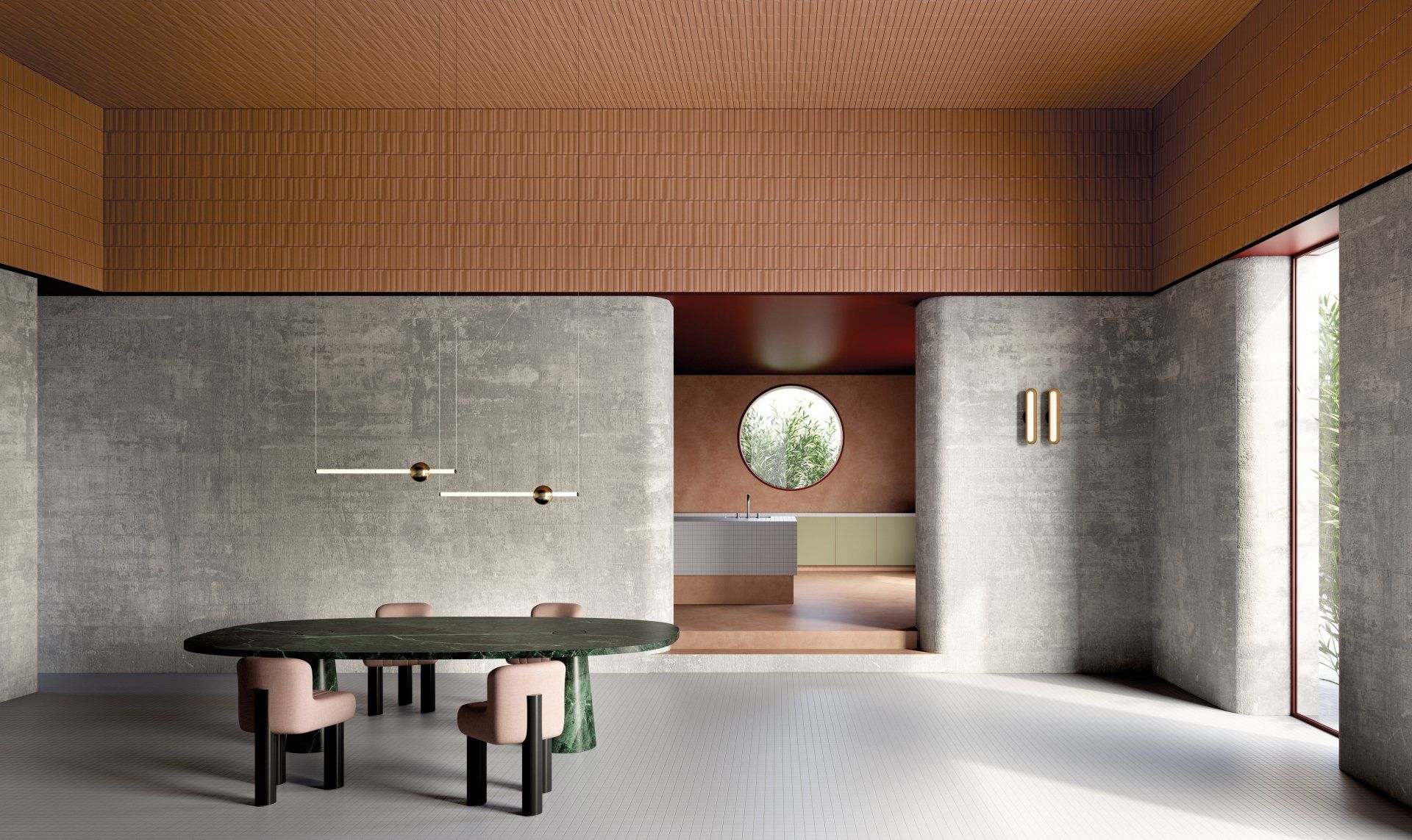 a ceiling feature of the 3d tile paired with a concrete look on the full wall with floor to ceiling windows  and a round black marble tables