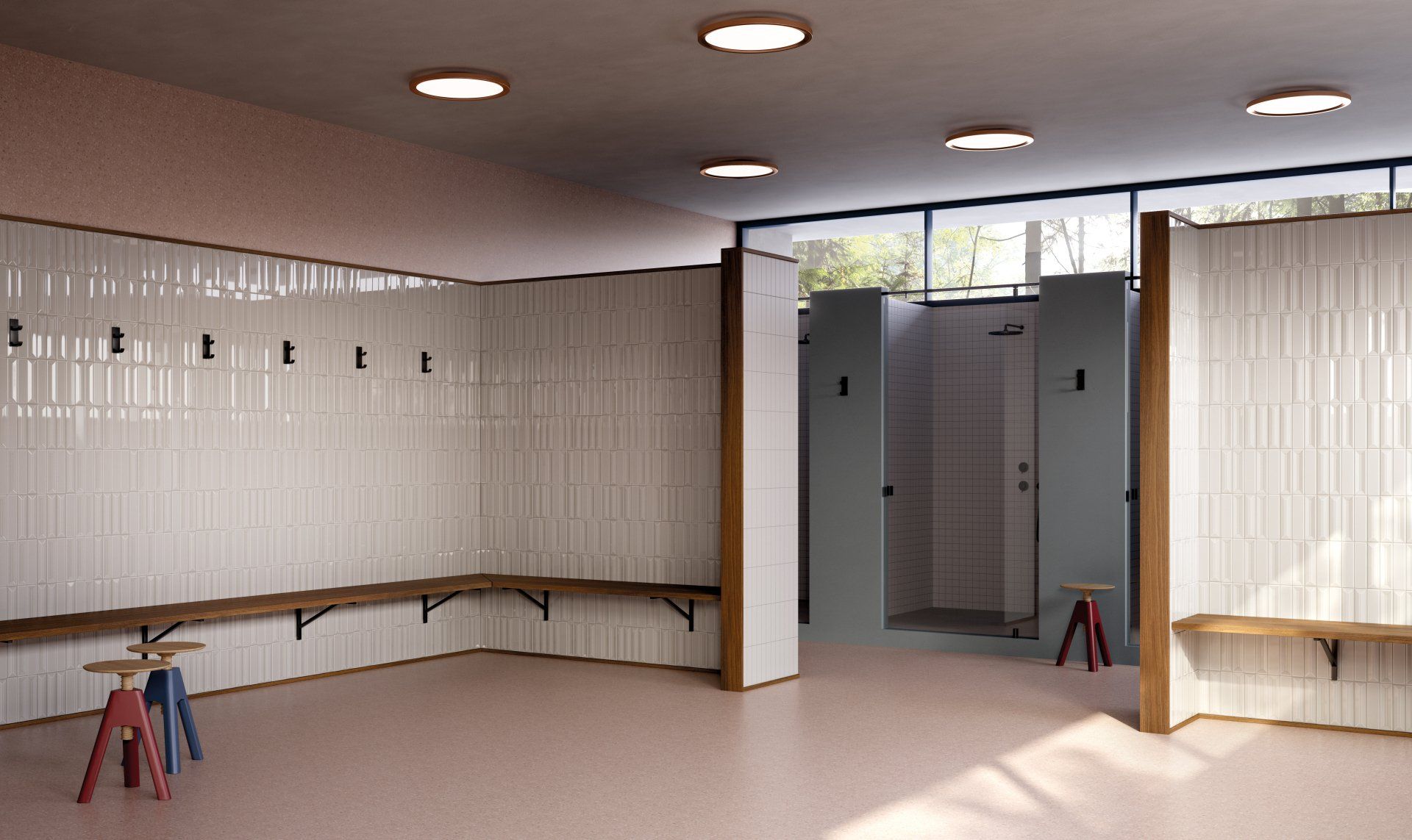 fluted 3d tiles used in a gym changing room with wooden benches and wooden beams as a decorations.