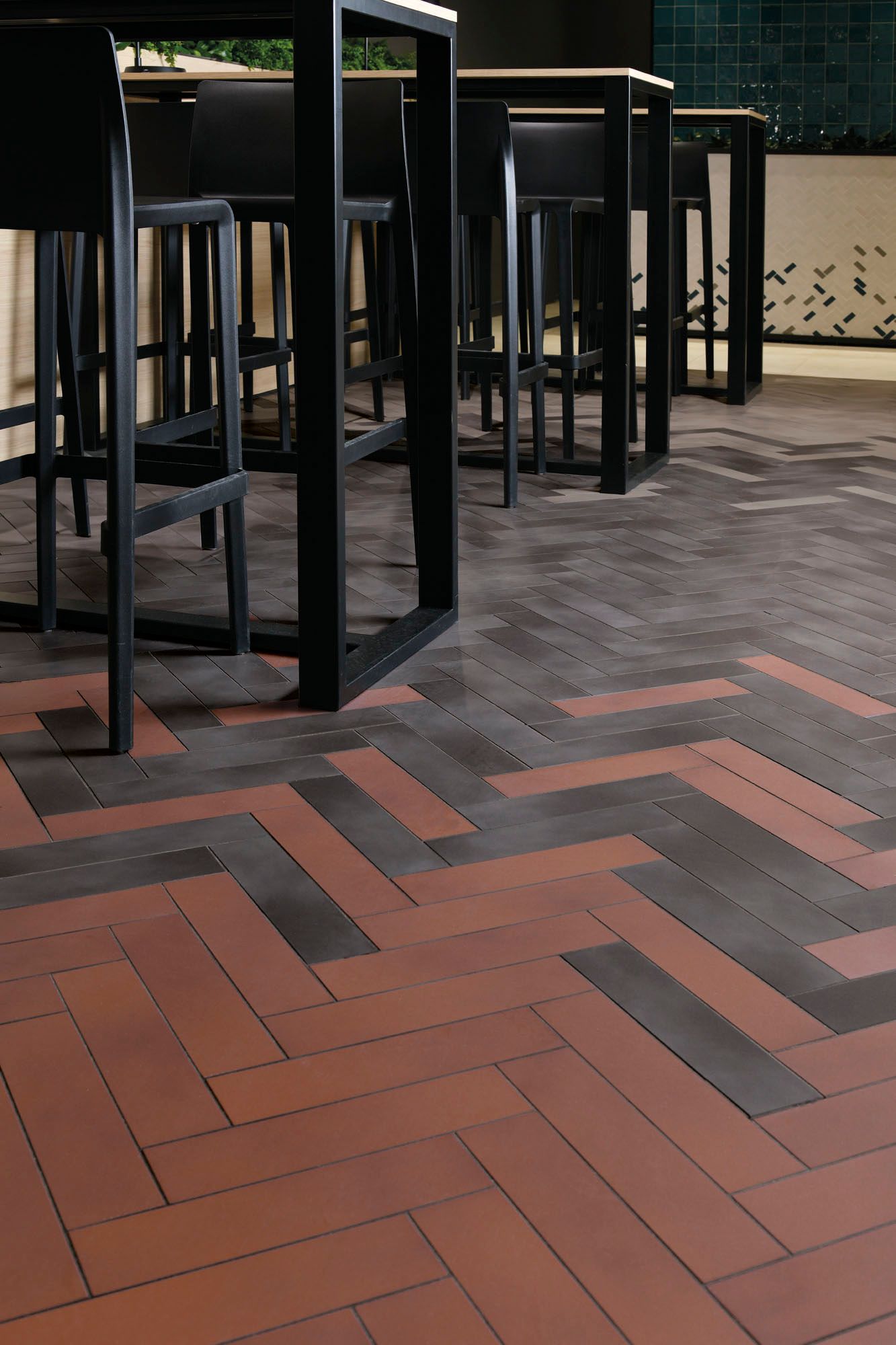 Bricolo floor tiles used in a chevron pattern to make a unique floor pattern