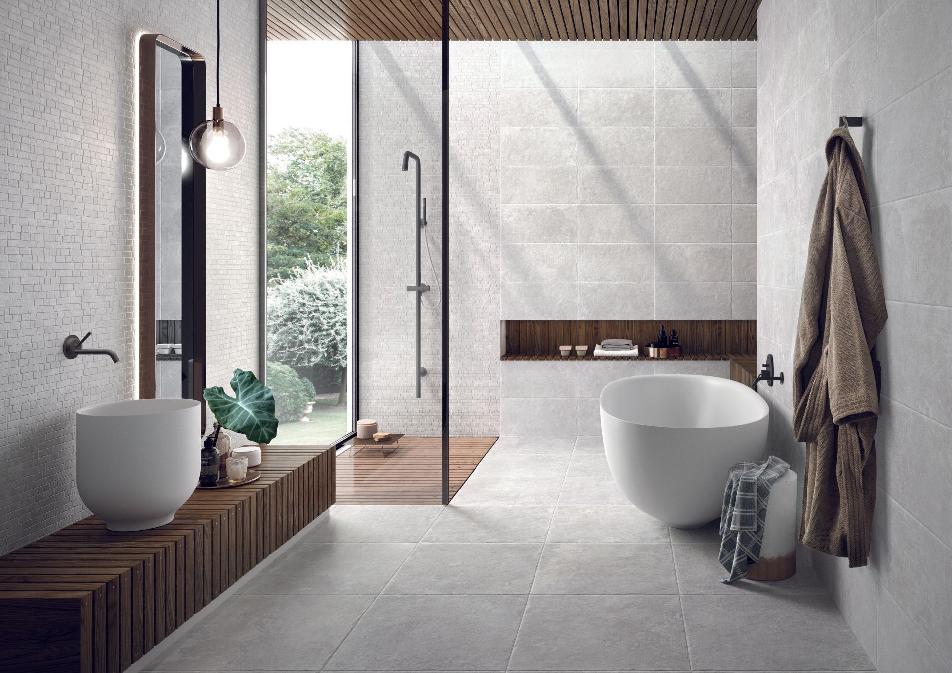 limestone effect tiles used in a minimalistic bathroom design with wood accents