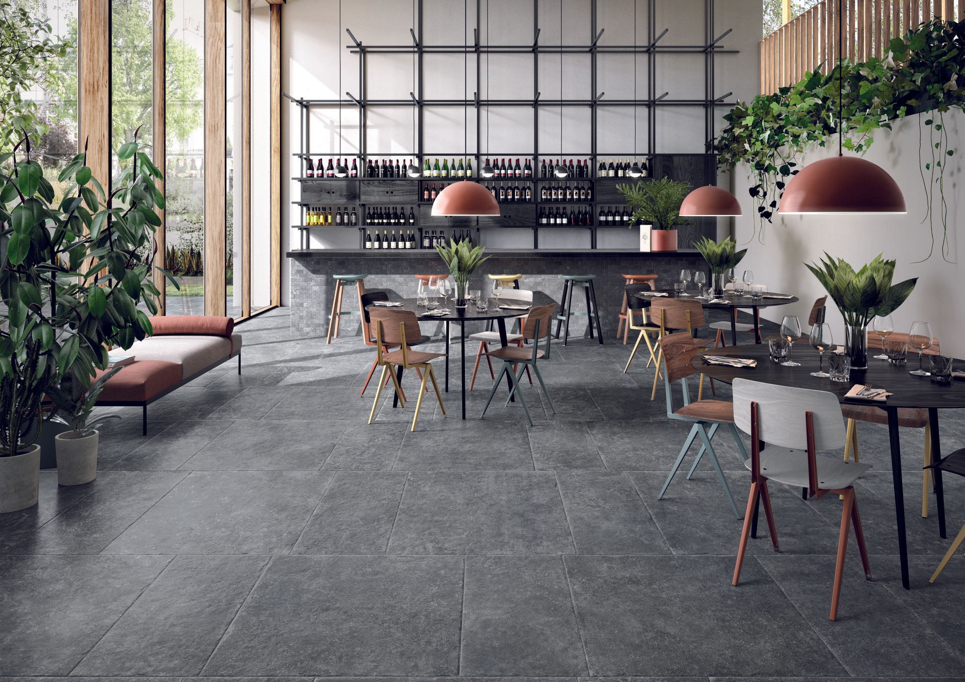 limestone effect tiles used in a commercial setting , restaurant design