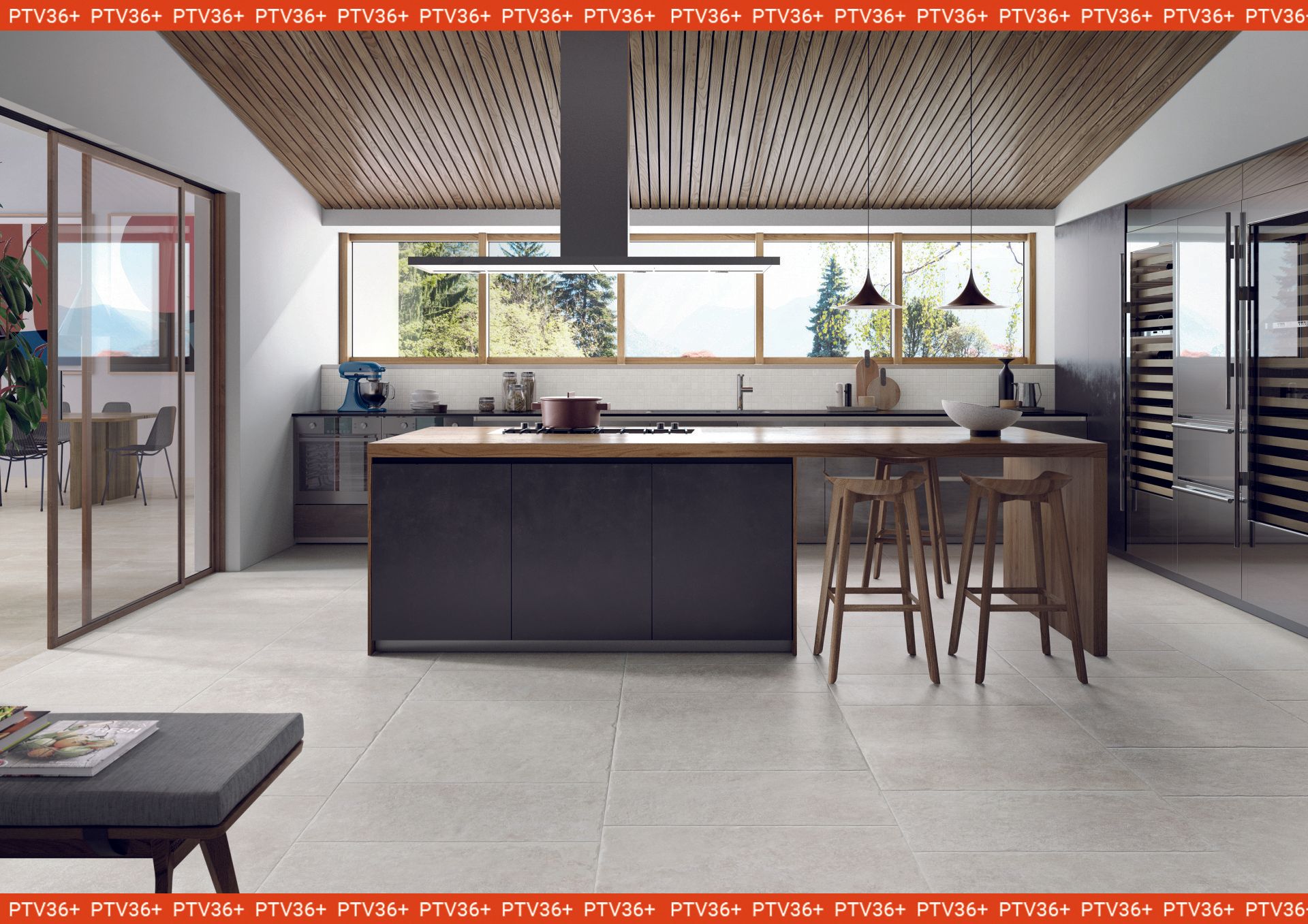 limestone effect tiles , great and modern kitchen design using grey tones