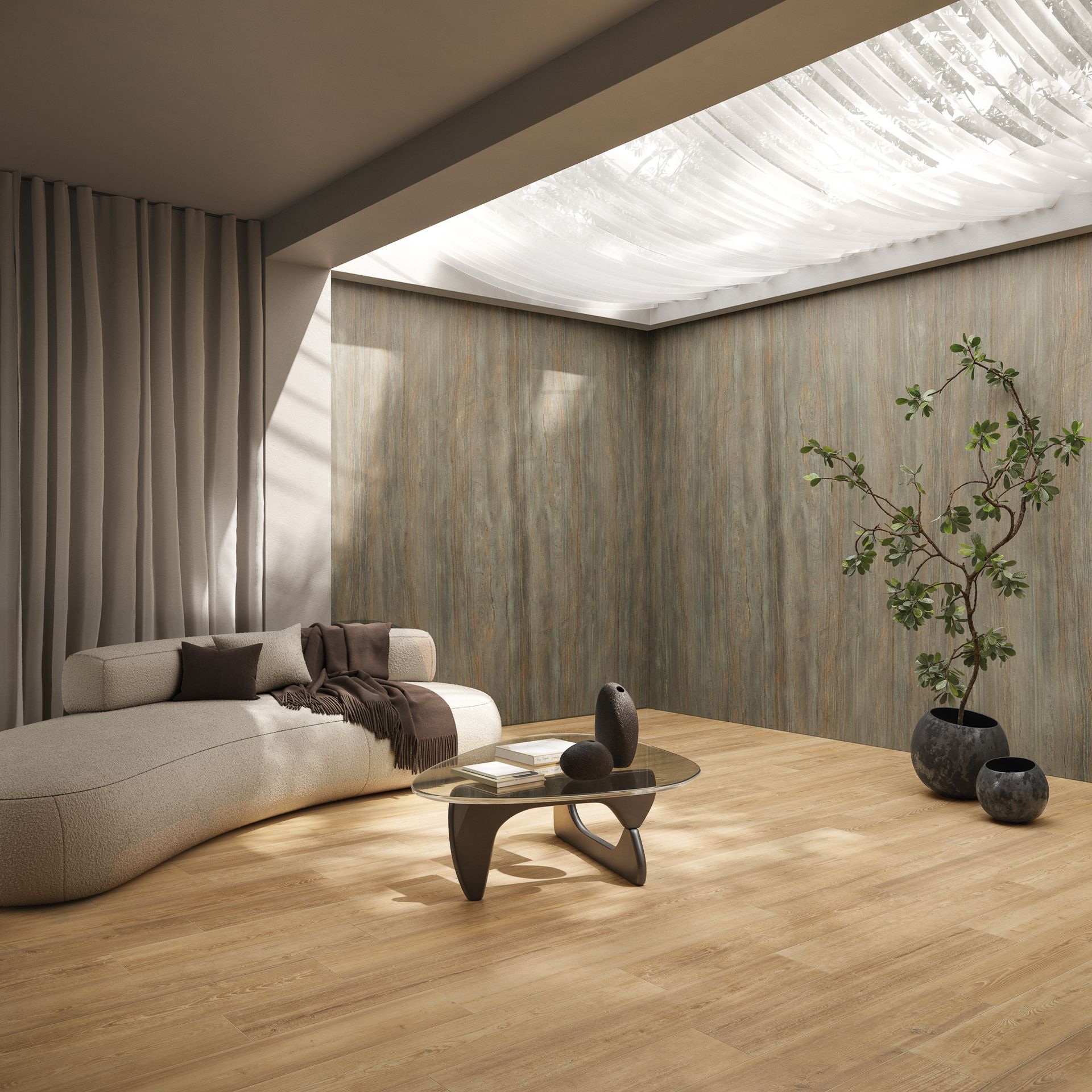 Modern wall tiles used in this living room with a sky light roof