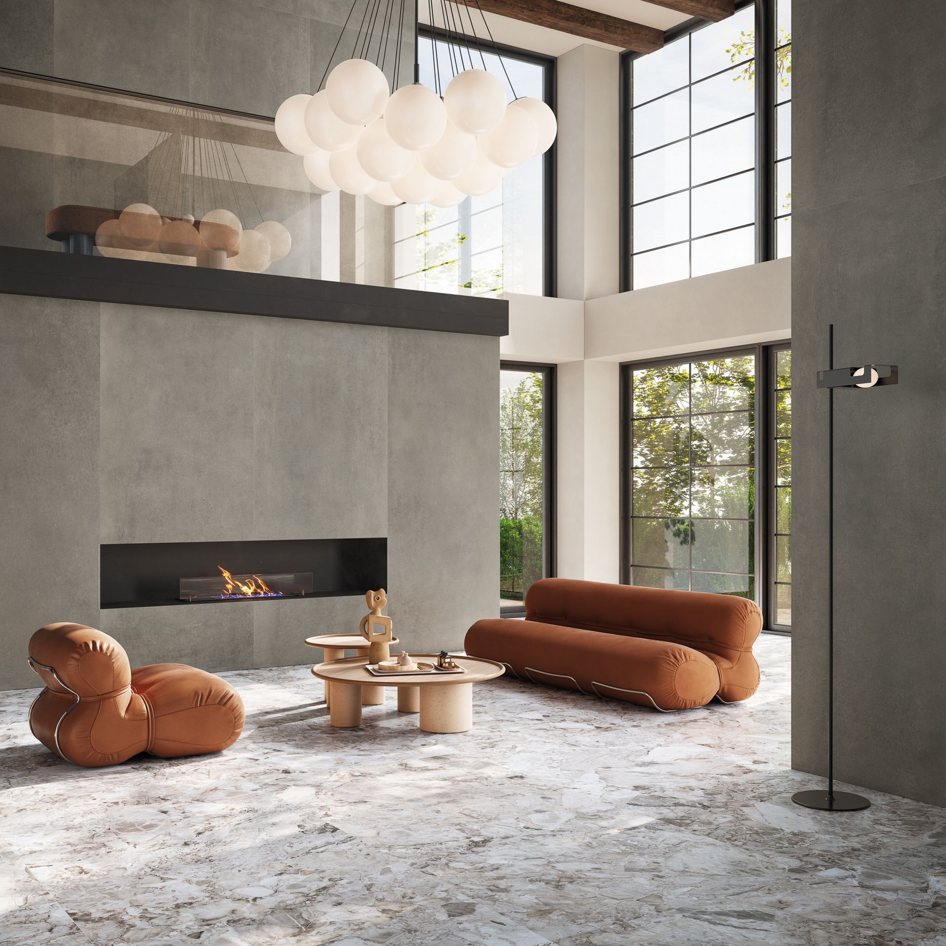 Roomshot of the living room featuring amore floor tiles