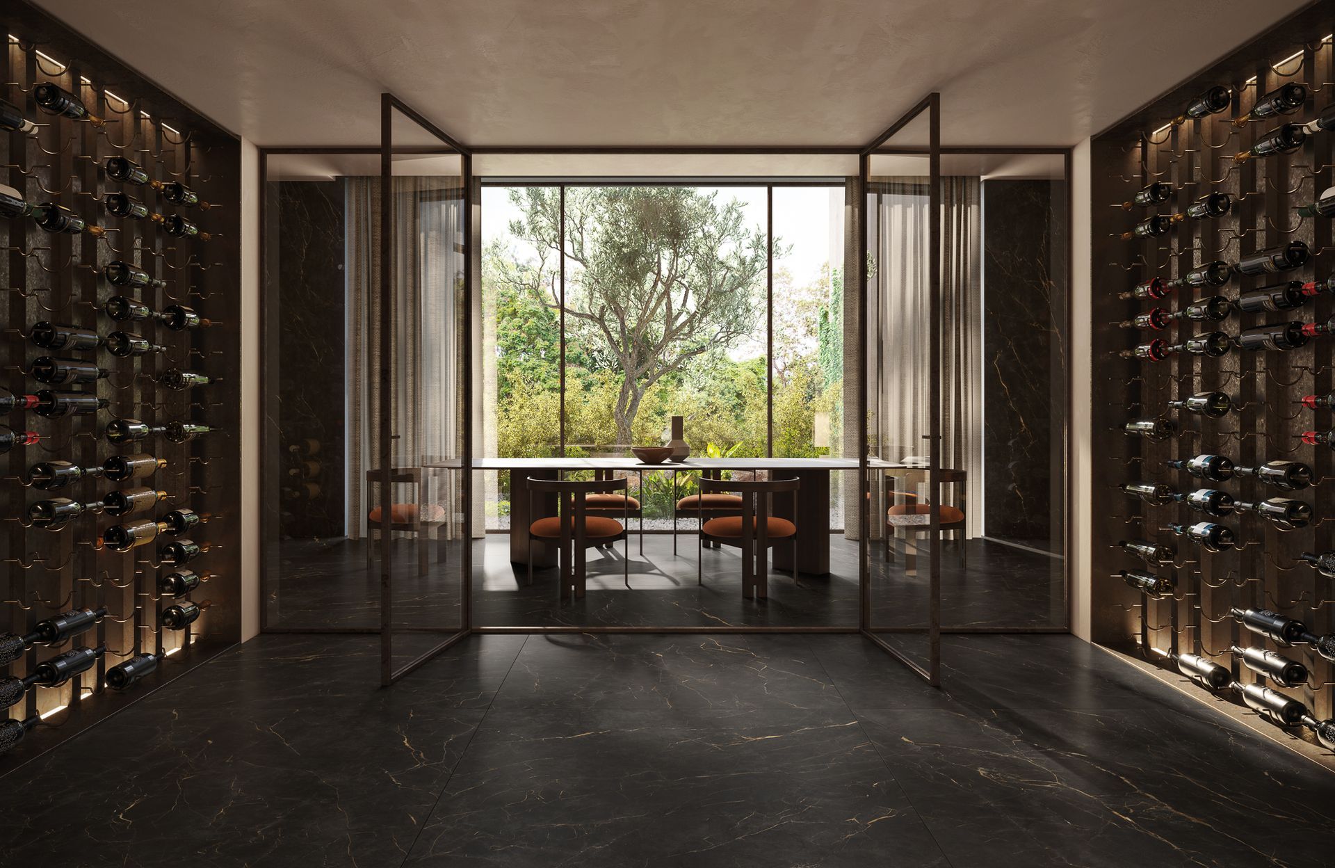 Restaurant tiled with black floor tiles making the room stand out