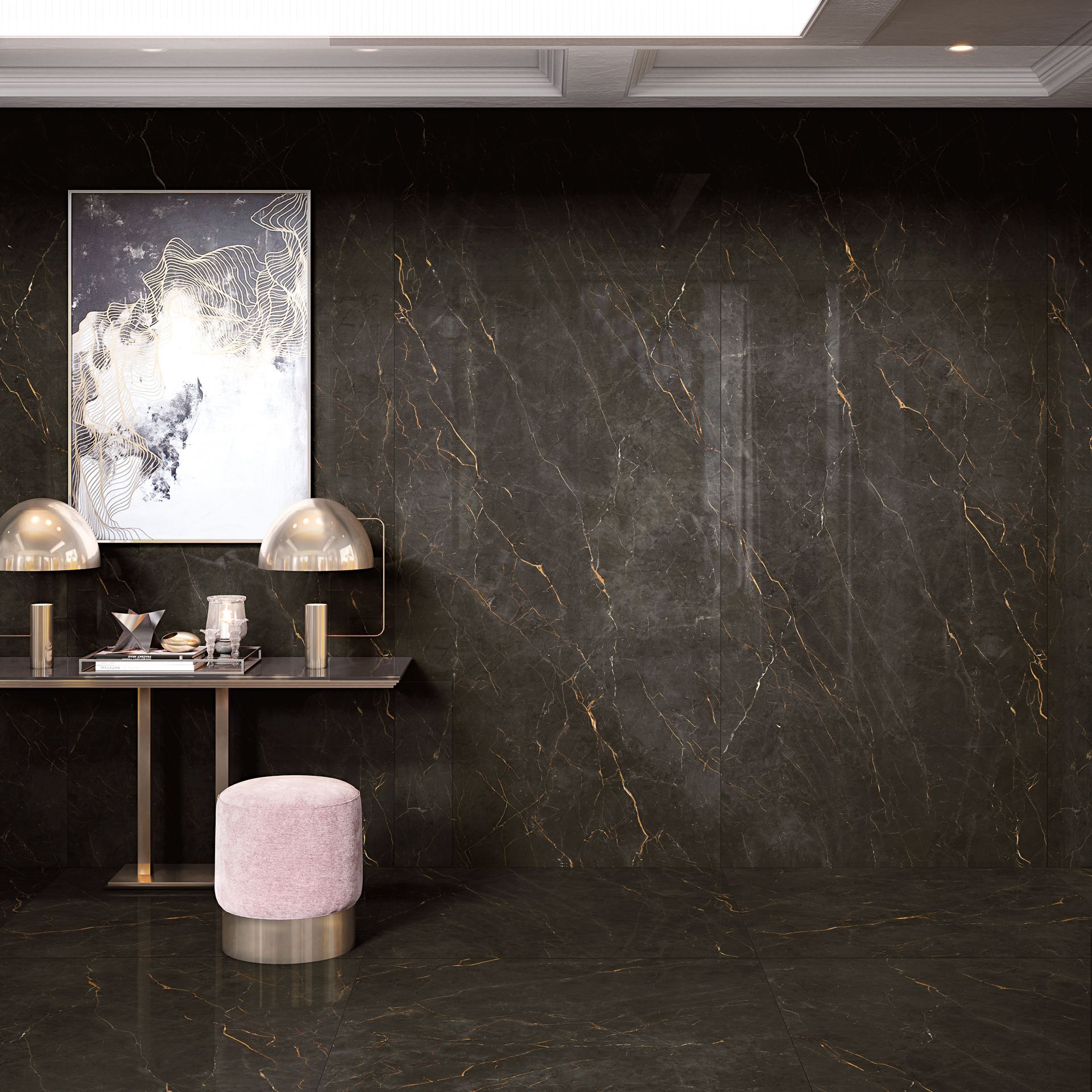 Black Marble effect wall tiles close up