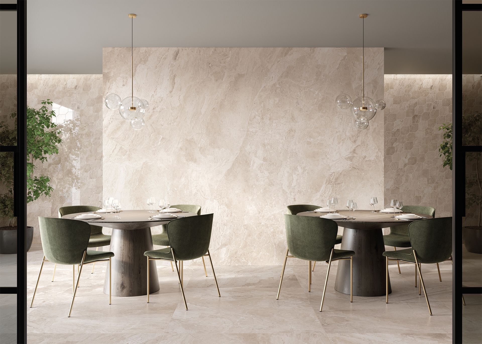 Marble effect floor and wall tiles used in the eating area of this building