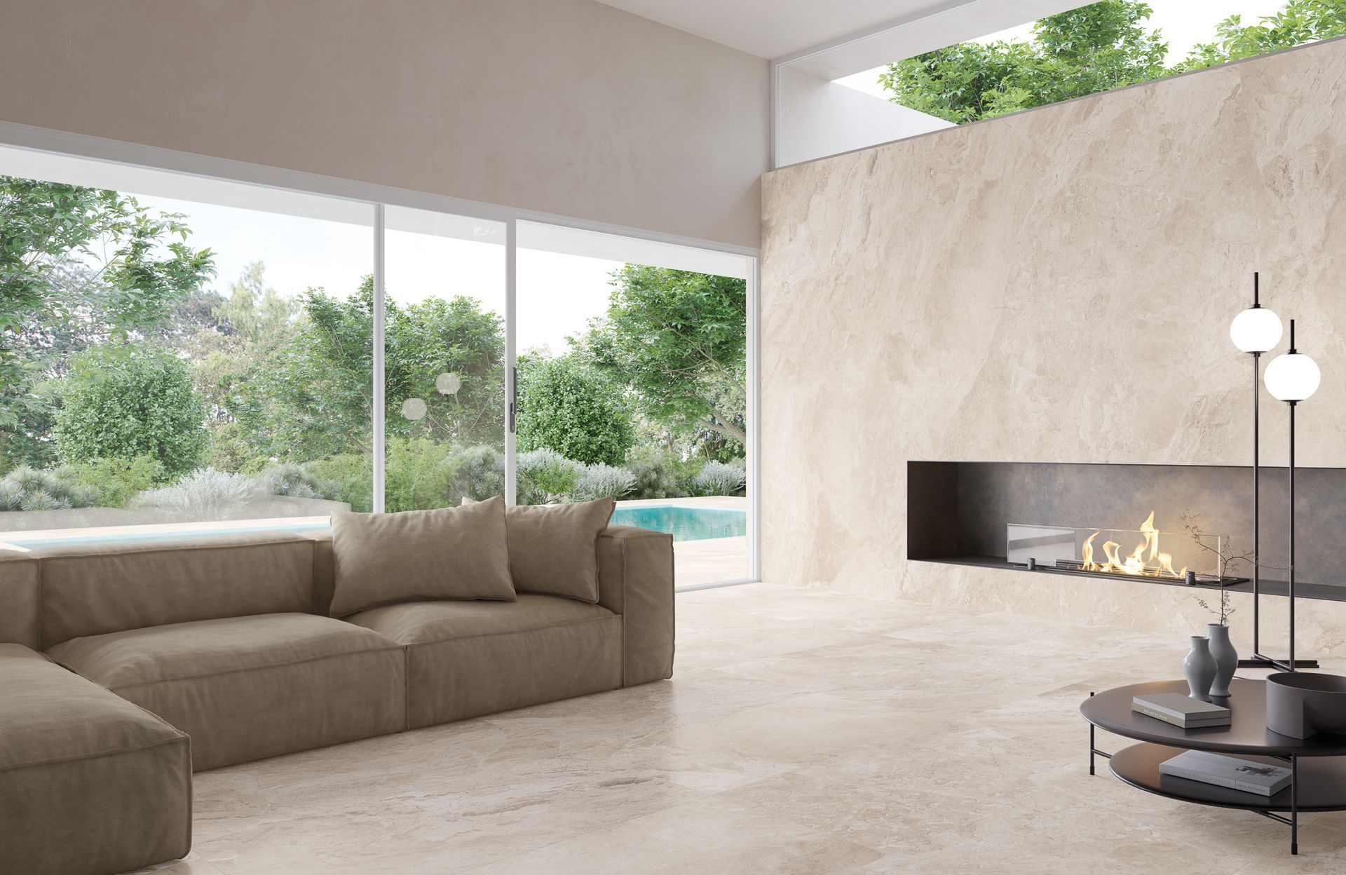 Marble effect floor and wall featured in a modern living room