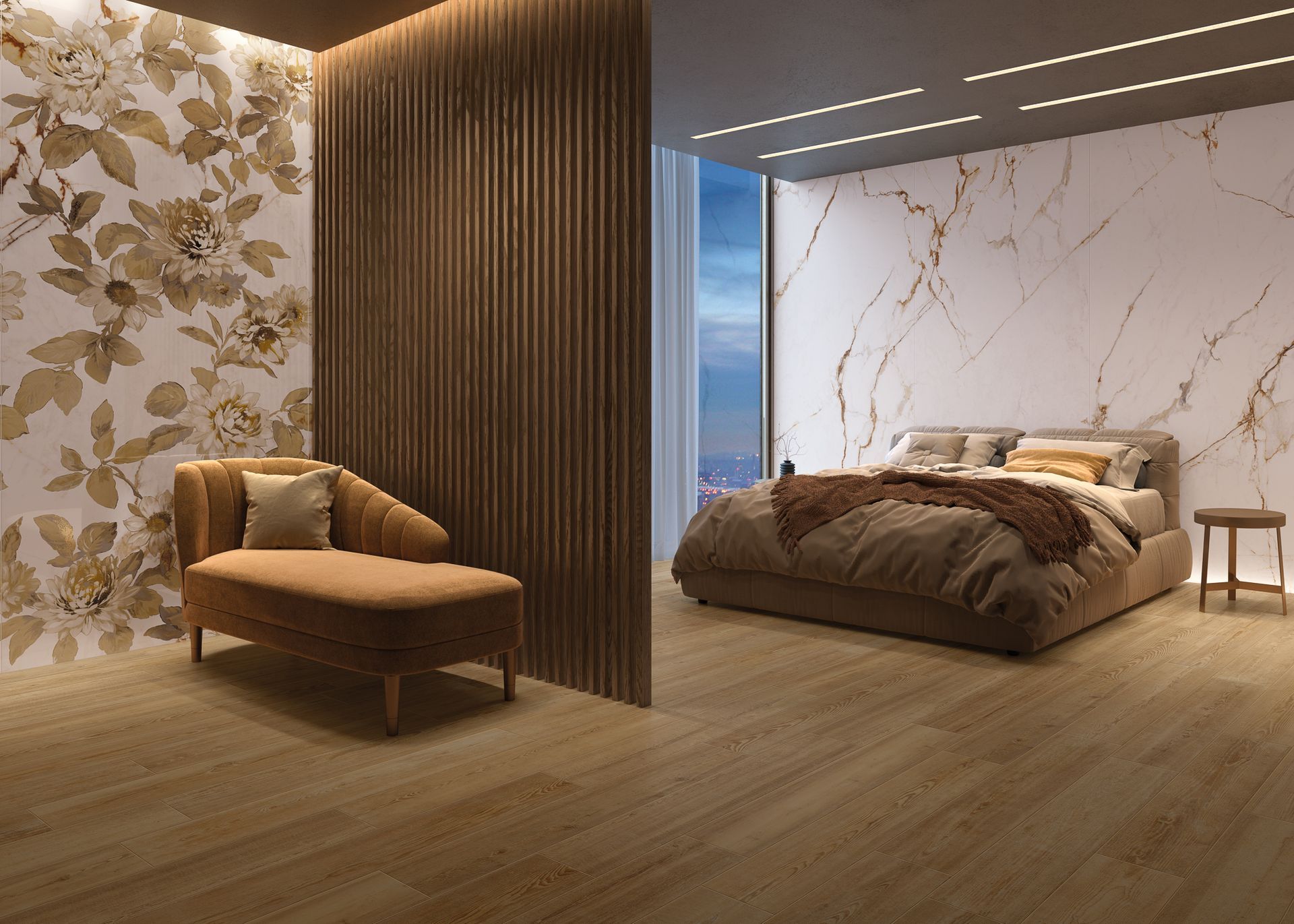 Bedroom featuring marble effect wall tiles behind the bed