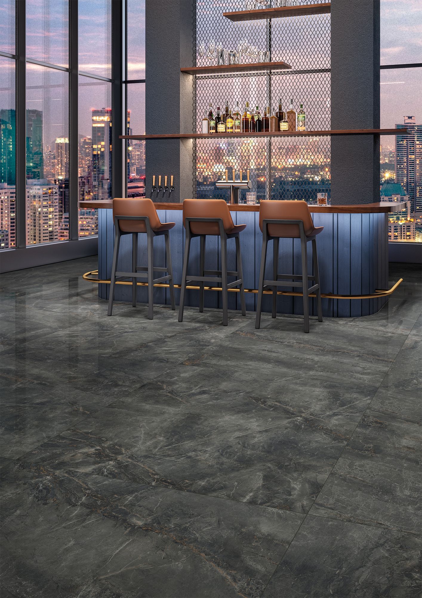 A modern bar setting with rich dark gray stone floor tiles. The sleek bar counter is illuminated by city lights from large windows, with warm lighting creating a cozy yet luxurious ambiance.