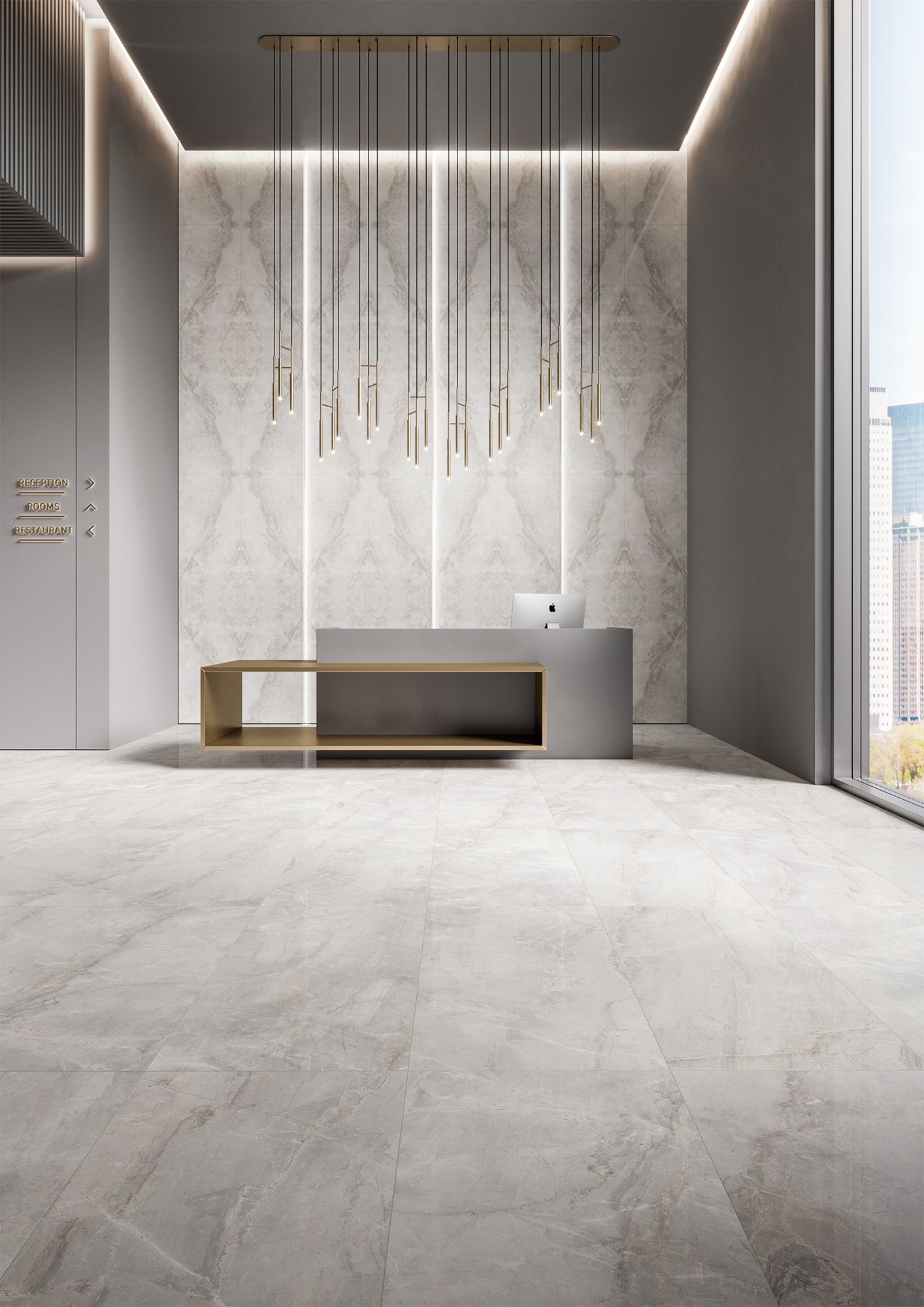 A sleek lobby area with large, light-gray marble floor tiles and a matching marble-effect feature wall. The minimalist reception desk is complemented by hanging pendant lights, giving the space a sophisticated and modern feel.