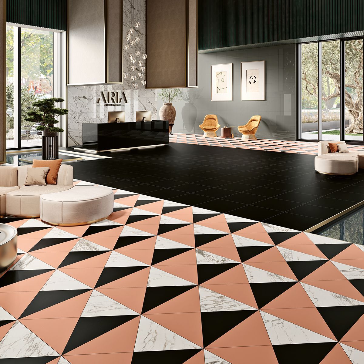 Spectrum coral floor tiles used in a modern mansion