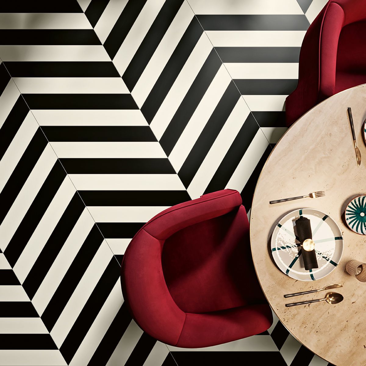 Chevron white and black spectrum tiles used in a restaurants floor