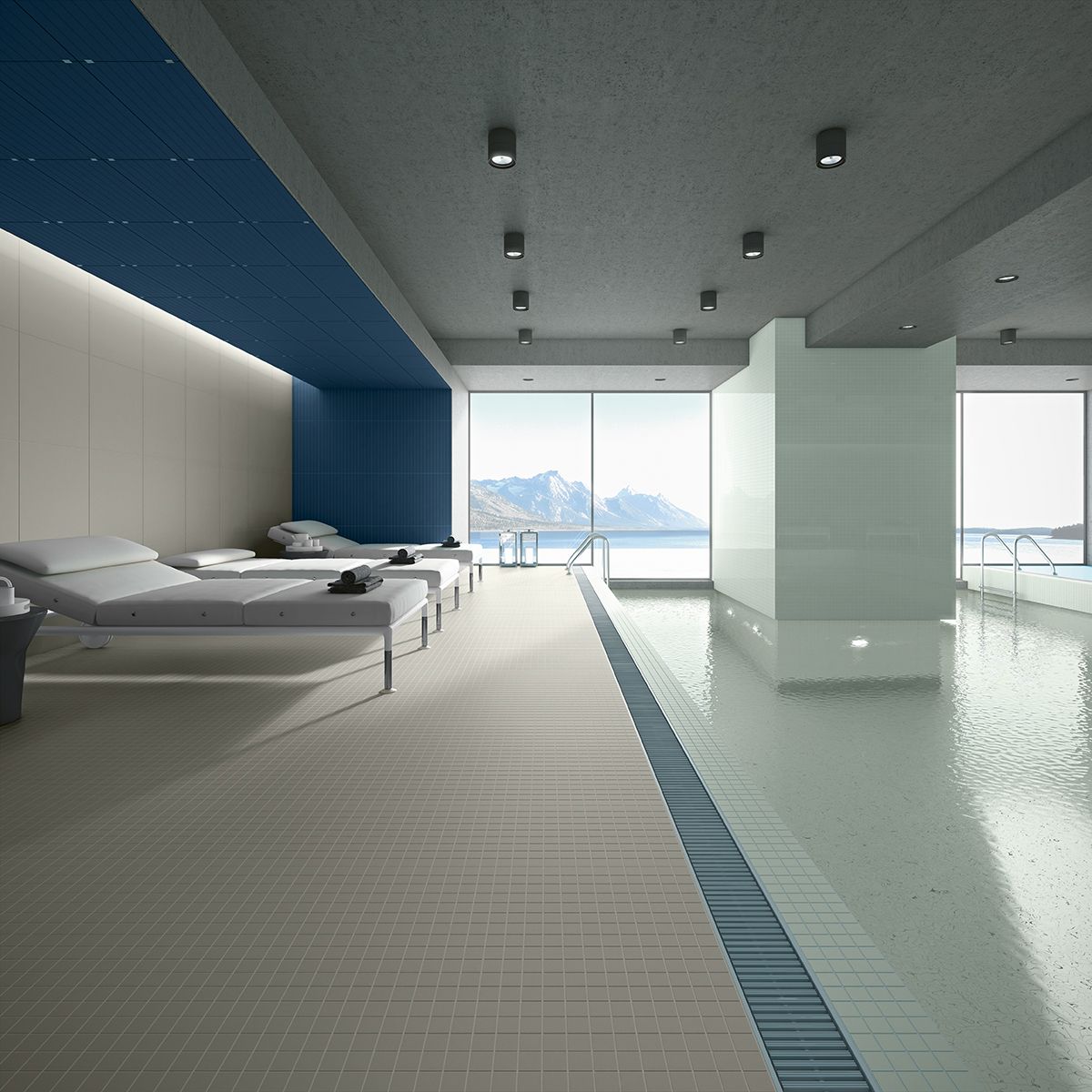 Spa with Spectrum wall tiles in it with a modern pool in a high rise building