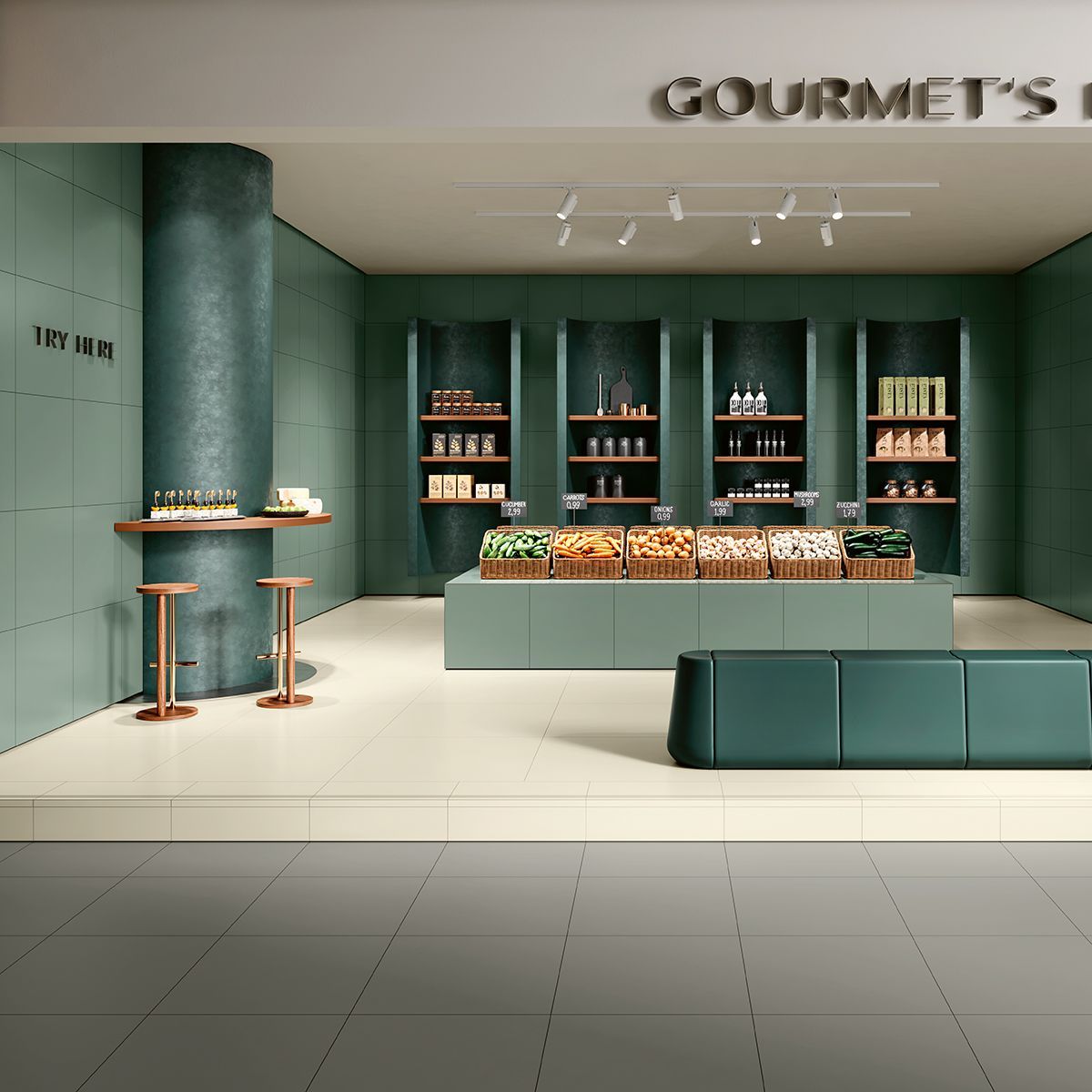 Spectrum Teal wall coloured tiles in a supermarket