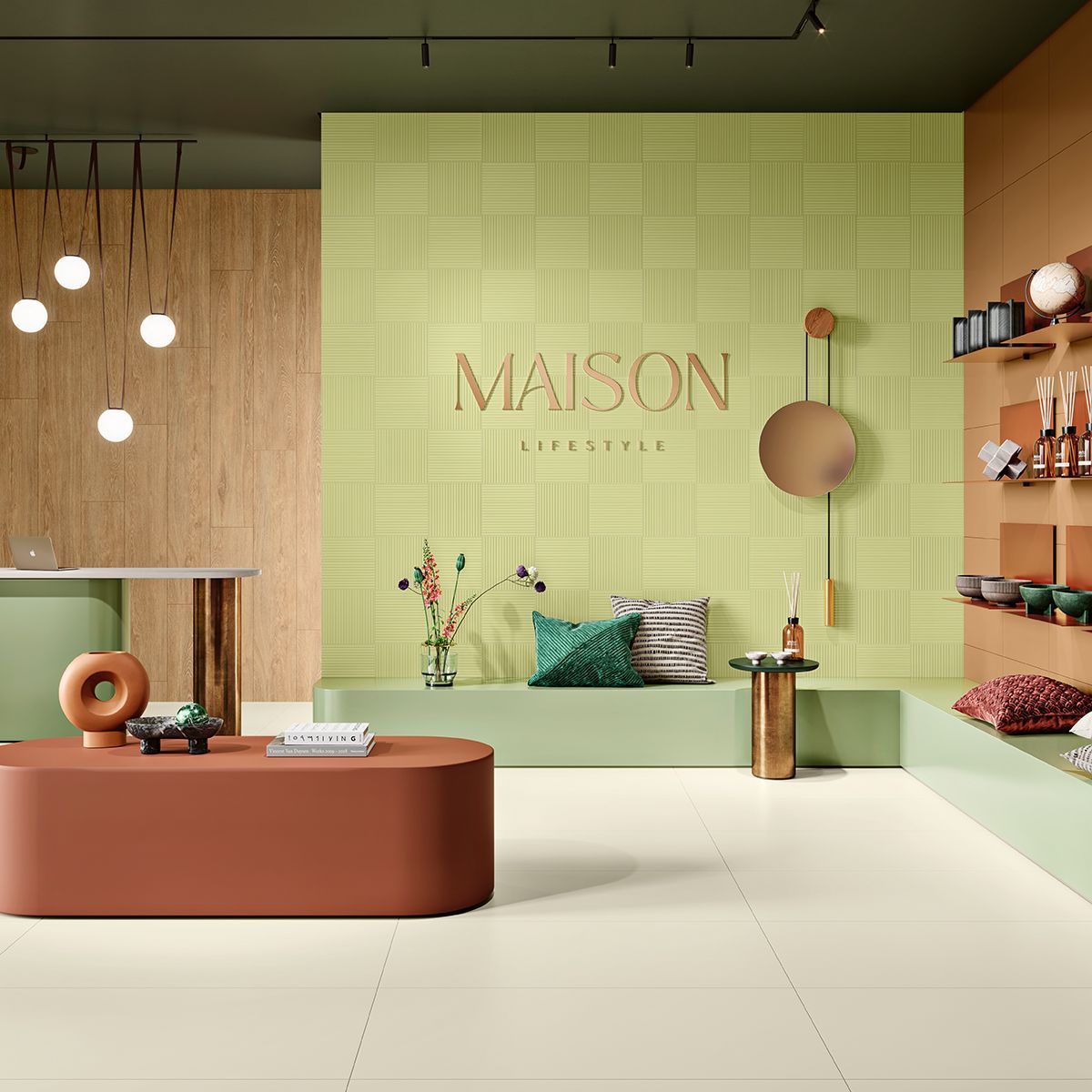 Neo-Victorian Blue tiles half image of offred in her cold room the other half the grand living room of the waterfords