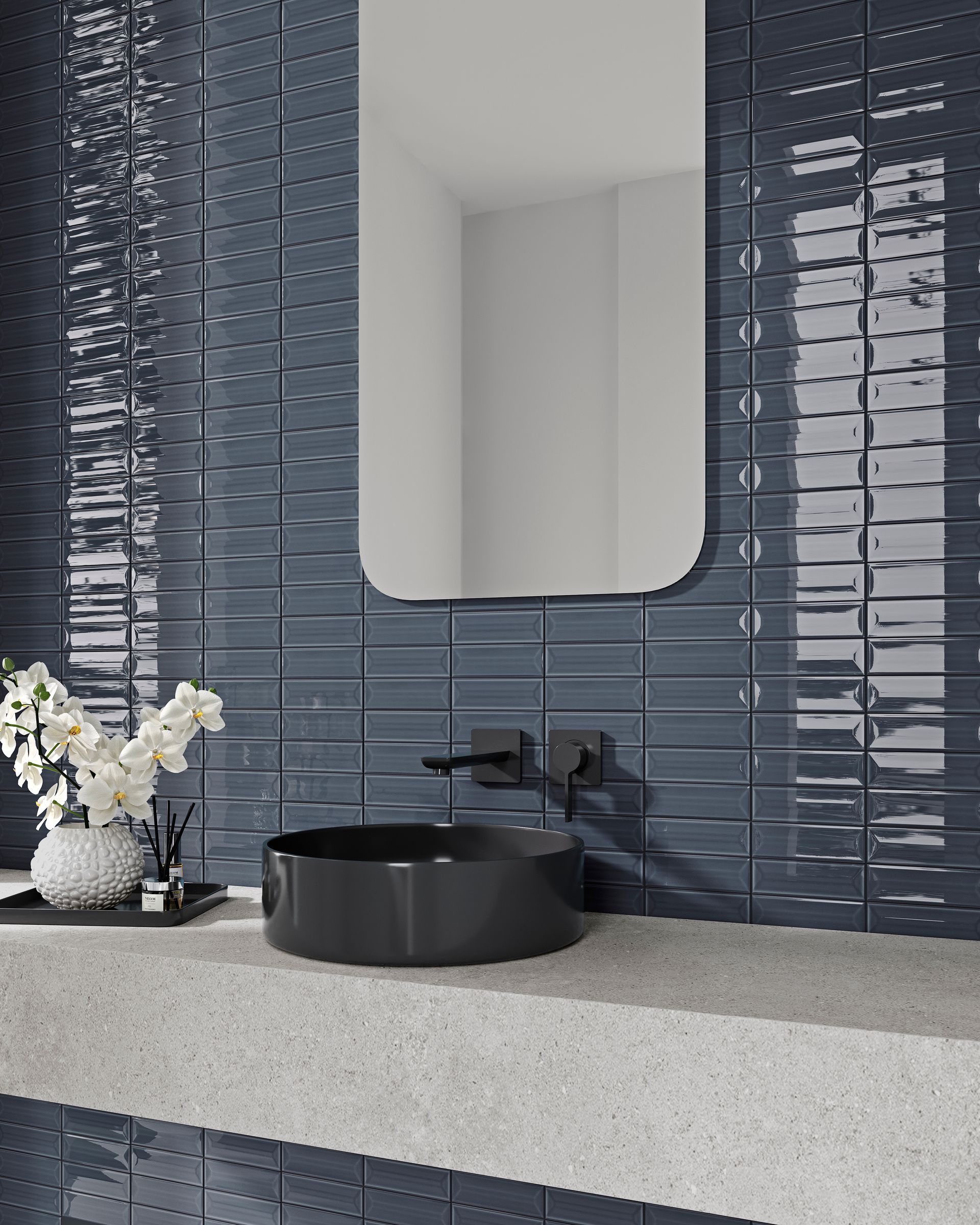 Cylinder Denim featured on the bathroom wall