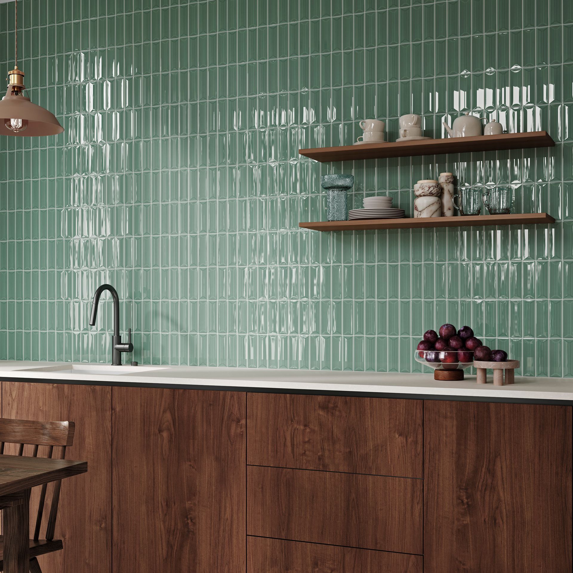 cylinder sage Fluted wall tiles used as a splash back feature in a modern bathroom