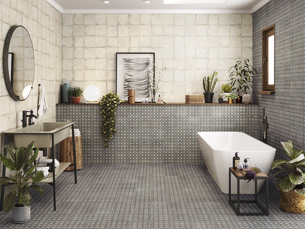 Rustico pattern tiles used in a modern bathroom on the floor and halfway up the wall