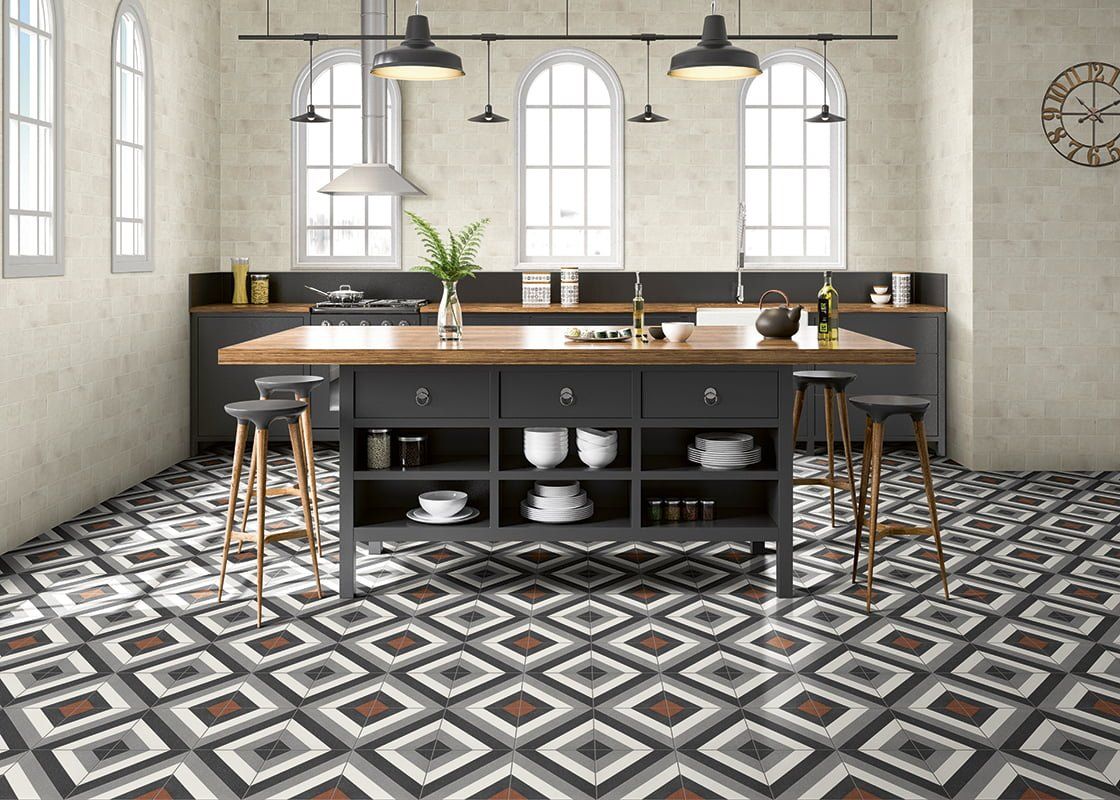 geometric pattern wall and floor tiles, twenties style , kitchen tile, bar stool