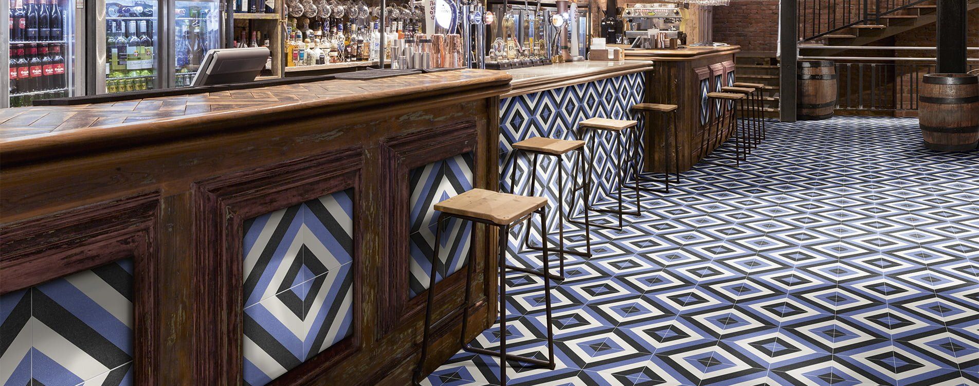 Pattern effect tiles used in a bar for the floor and detials in the bar