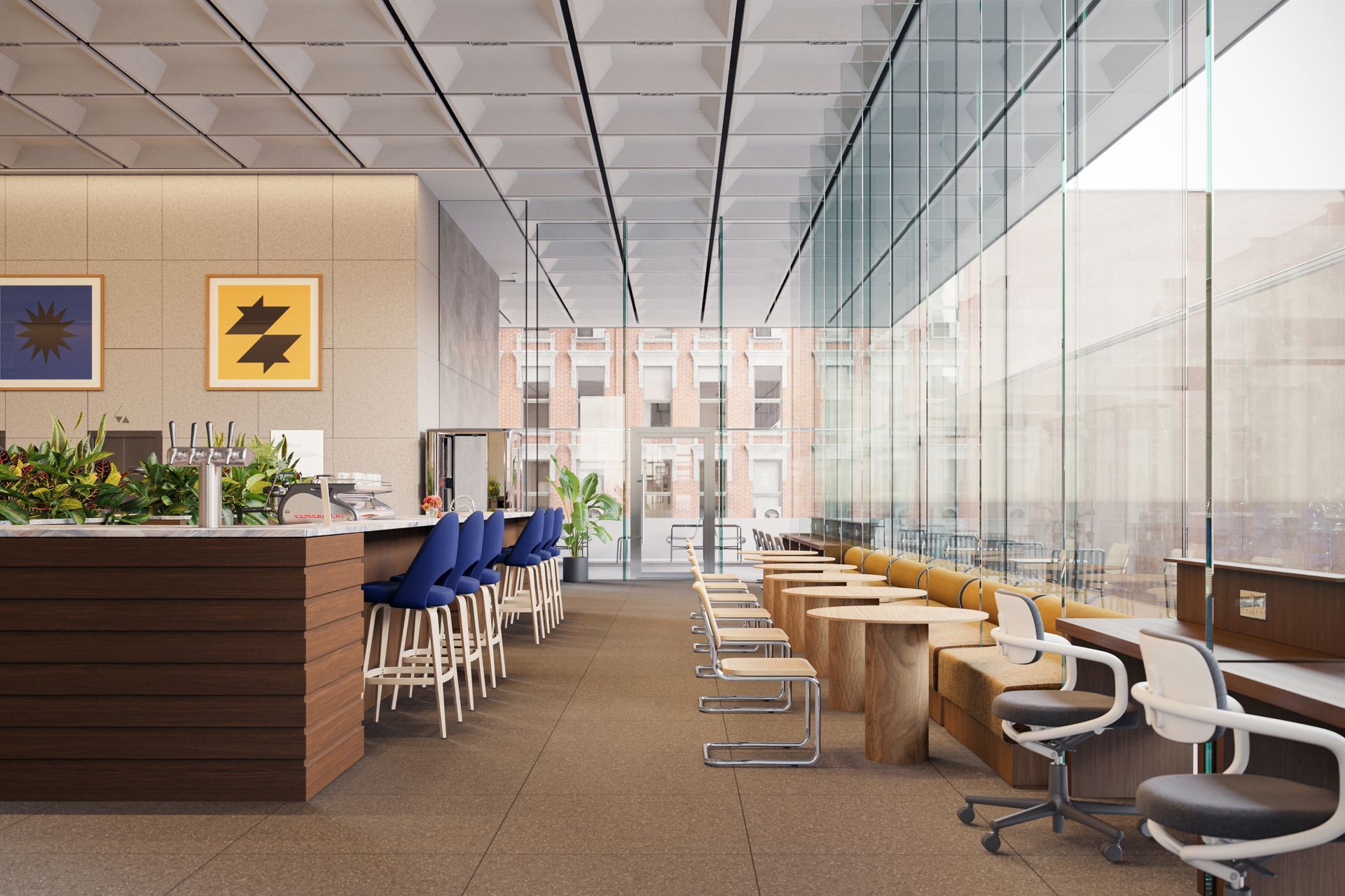Office room with terrazzo flooring and lots of chairs and desks