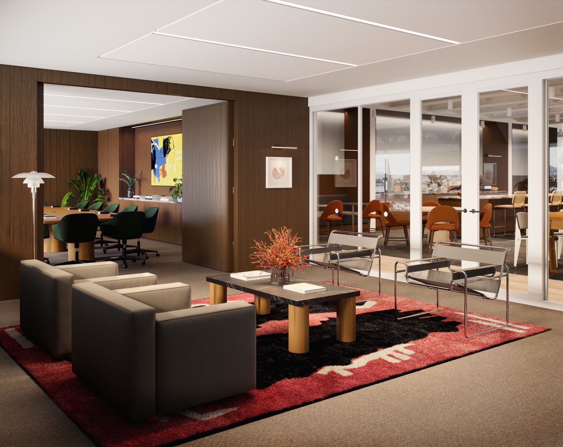 Private room with red carpet 2 seats and a dining table with terraporca effect florr tile