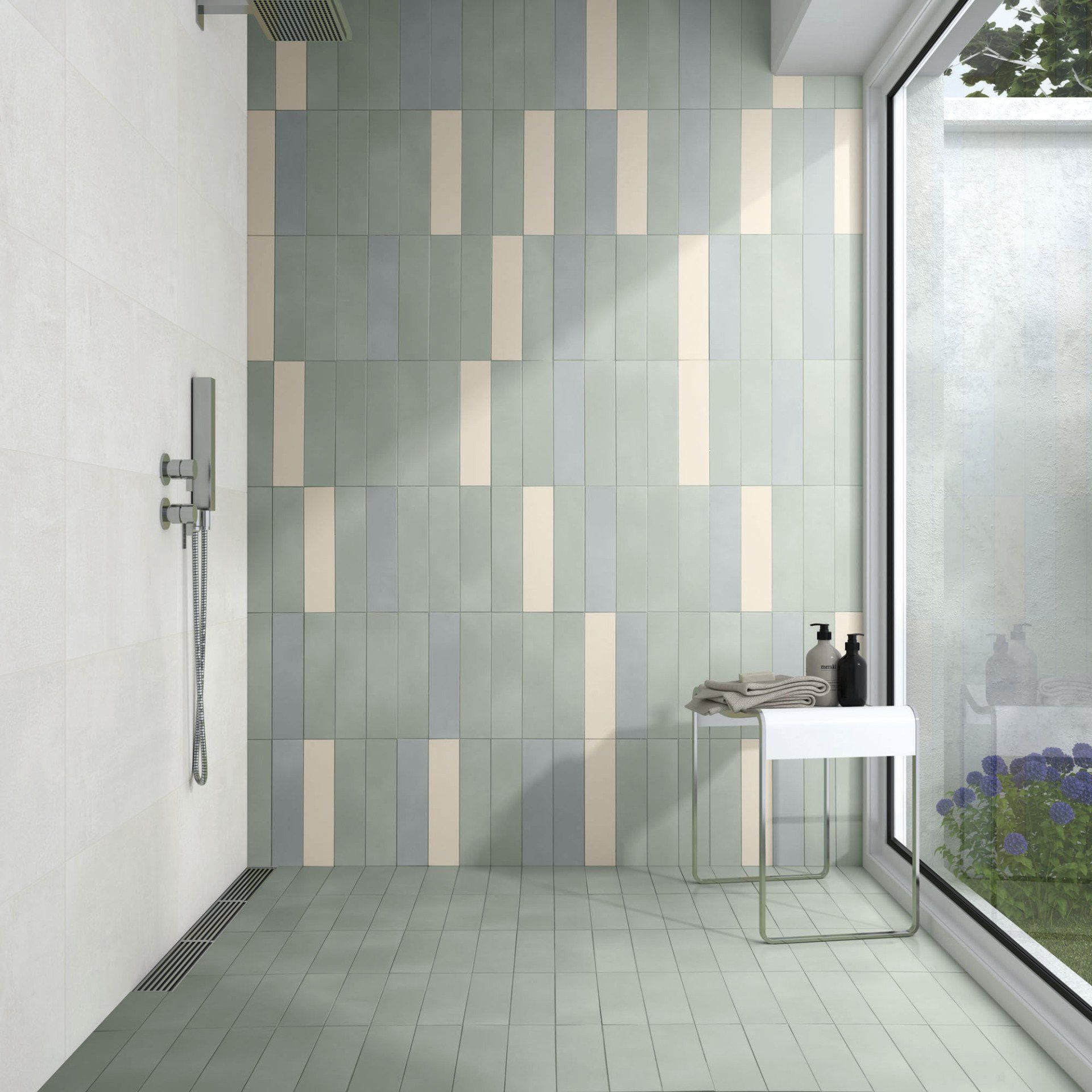 full bodied porcelain used in a shower , coloured shower walls