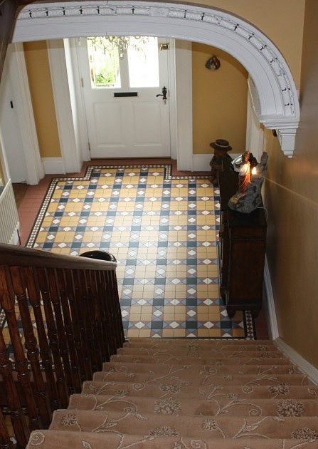 victorian pattern floor tiles, dark wood  staircase , hallway