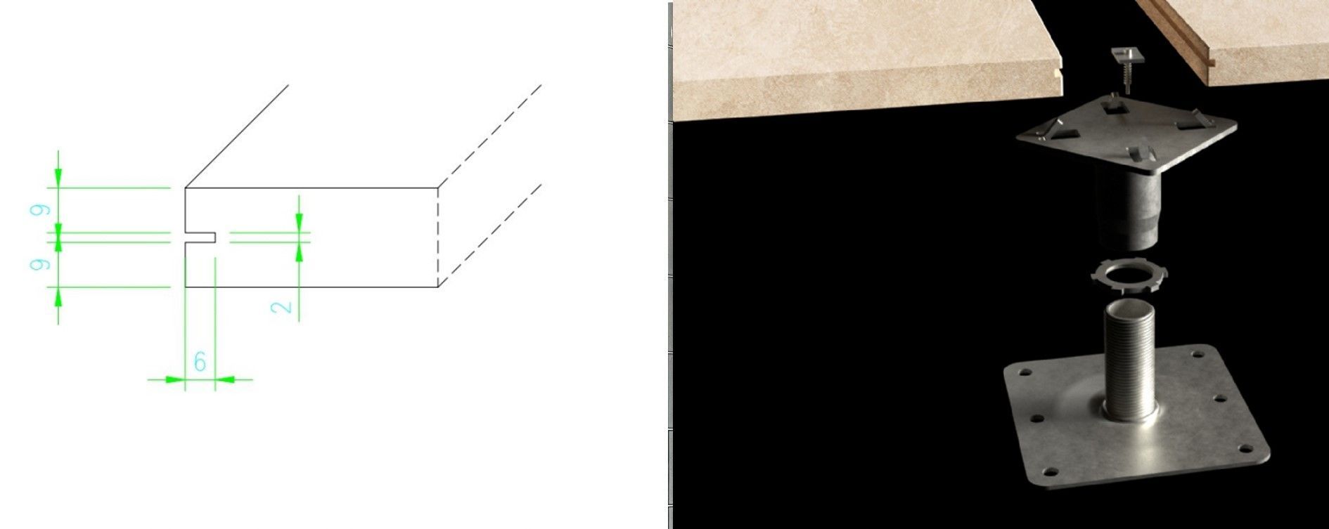 A detailed diagram and installation image showing the pedestal system for raised tile floors. The diagram highlights the measurements and components of the system, while the installation image demonstrates the placement of tiles over the pedestals.
