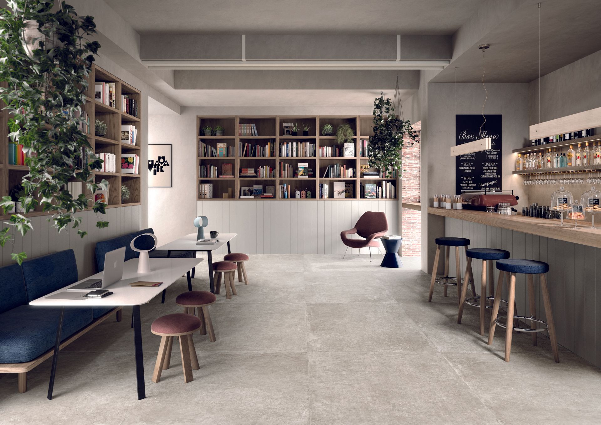 limestone effect tiles used in a commercial setting such as a bar