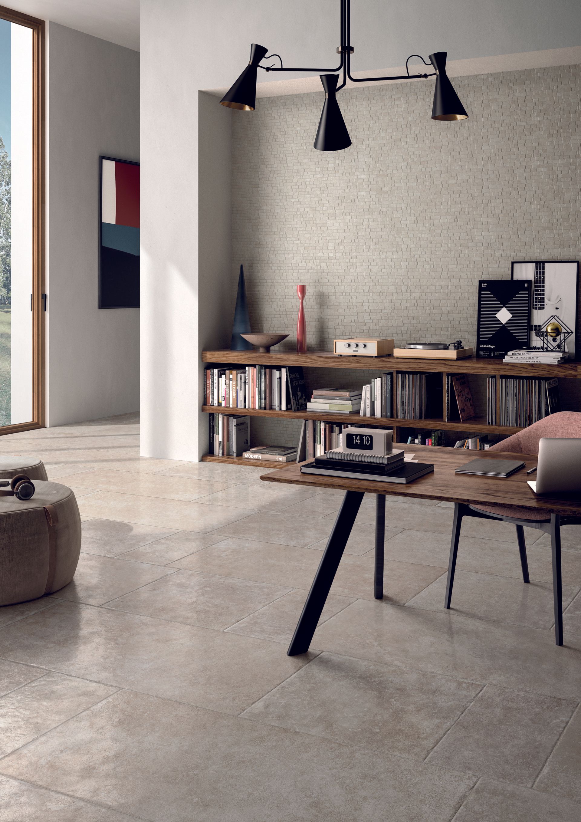 limestone effect tiles used in an home office to provide a sophisticated look