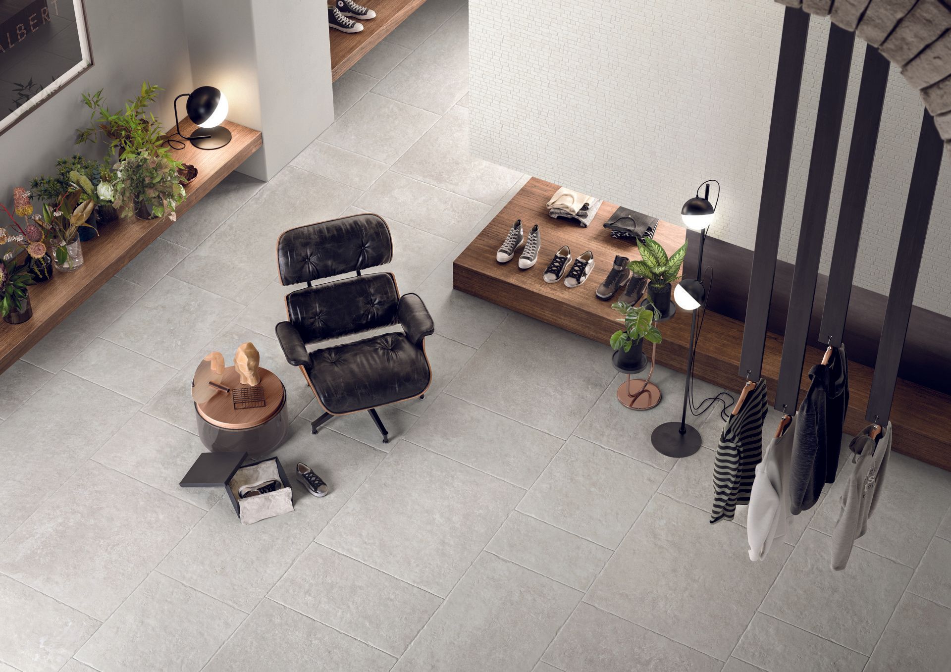 limestone effect tiles used in an office space / commercial use