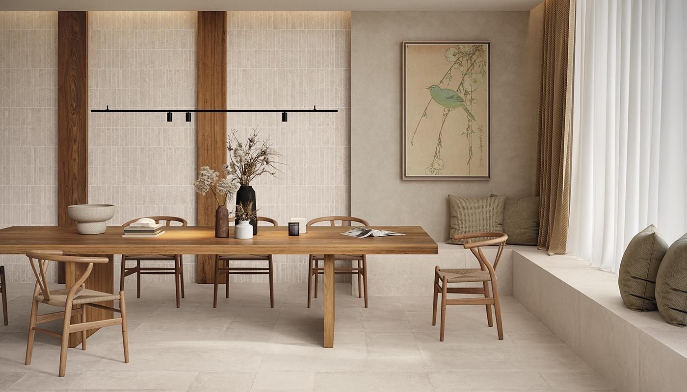 Prato Ivory being used on the floor and wall of this dining room and table