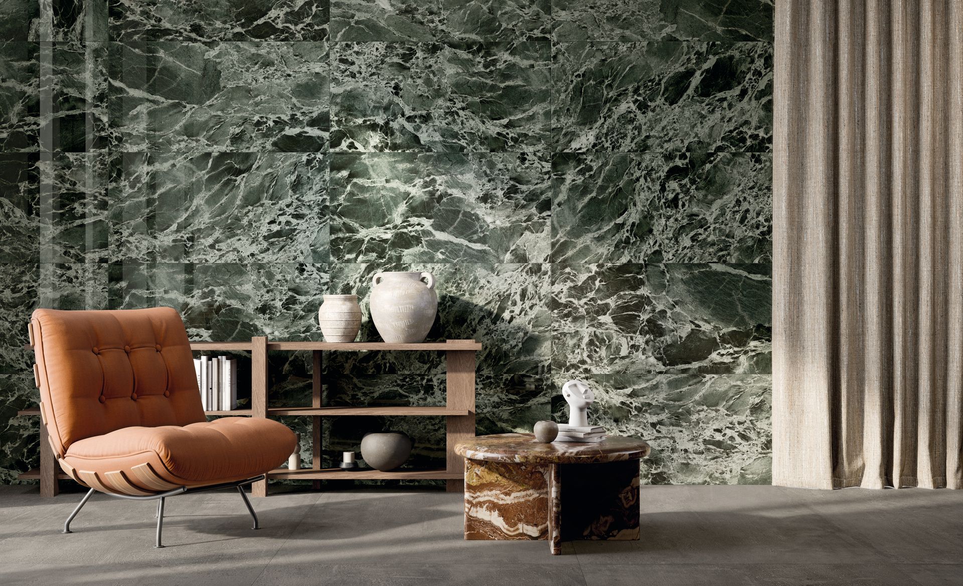 Green marble wall tile used in a living room