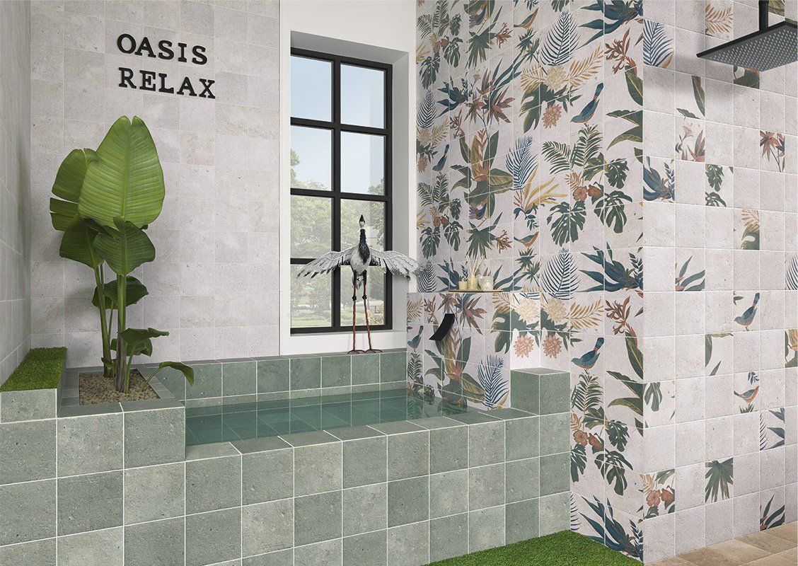 geometric pattern wall tiles, bathroom tiles, green tile bathroom, nature theme