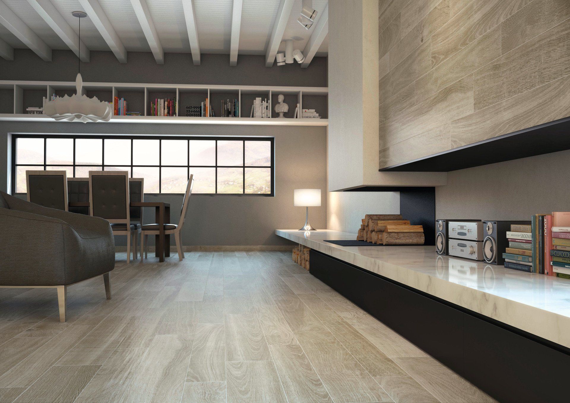 wood tile in living room with grey charirs and marble countertop