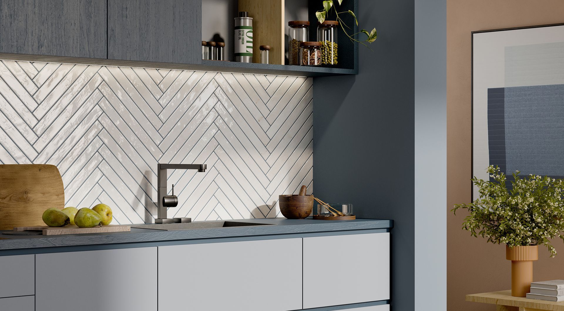 herringbone splashback used in a kitchen with a silver tap