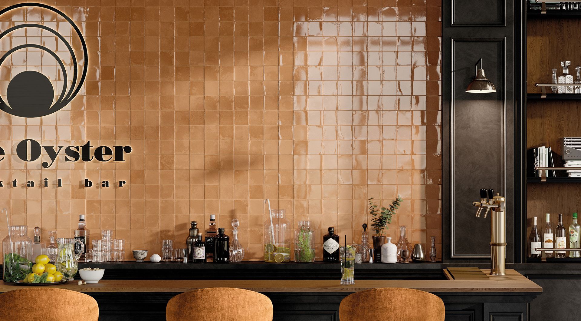gloss tiled wall in open plan kitchen