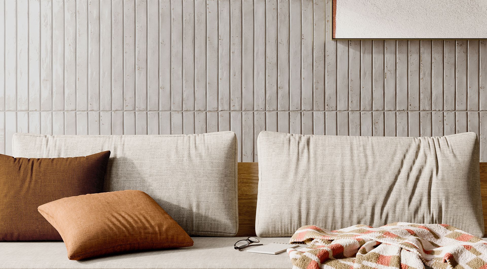 brick tiles used in a living room as a feature wall with aesthetic neutral colours