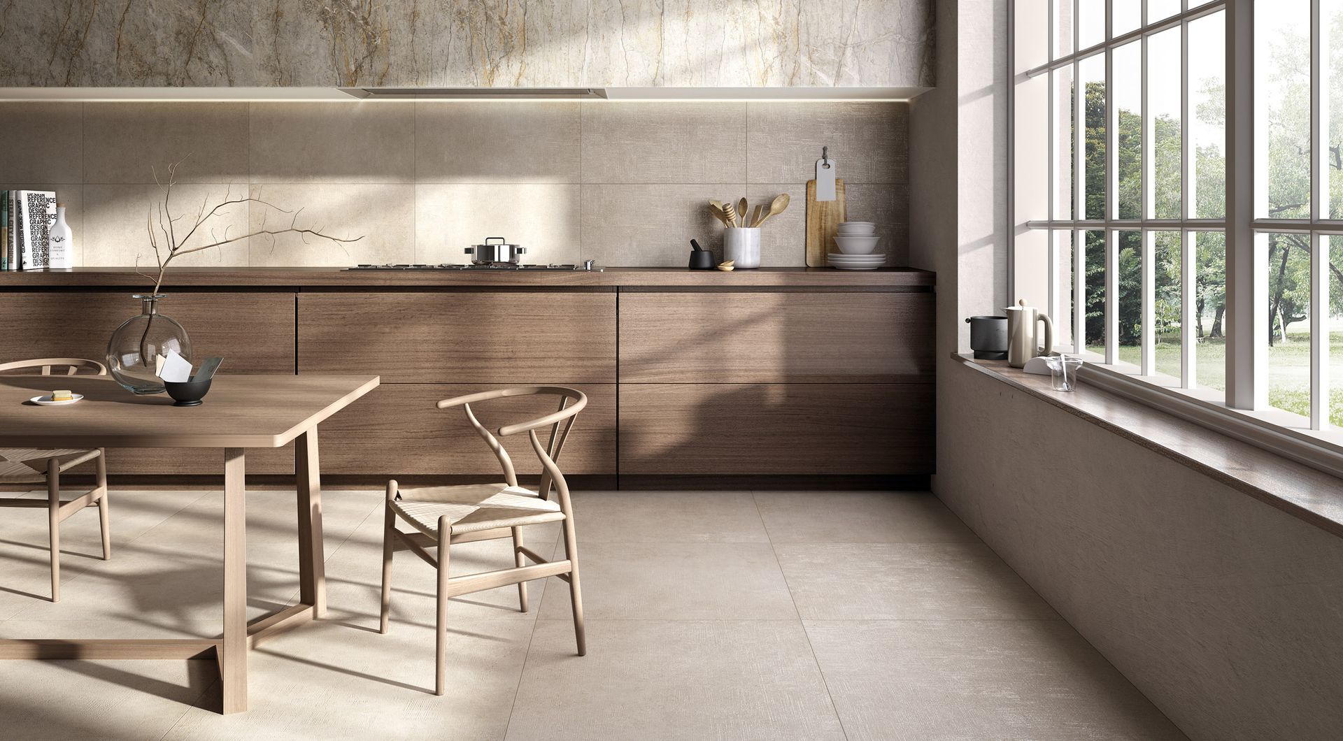 Milano ivory used on the floor of this modern kitchen with wood effect cupboards and tables
