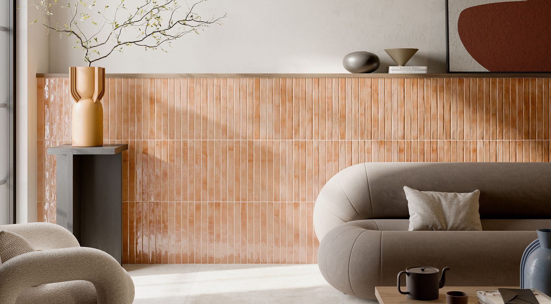 peach coloured brick style tiles with a modern oval couch