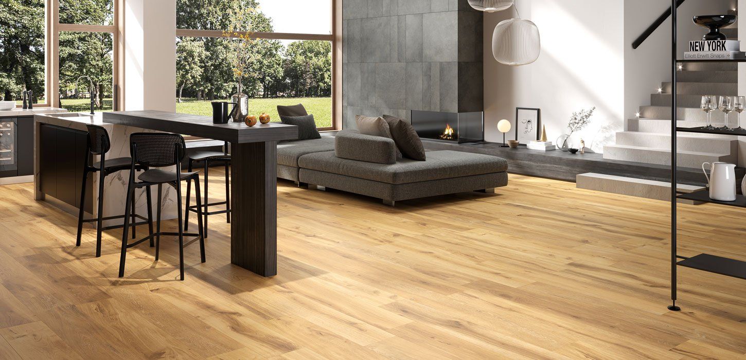 seating area with wooden floor tile effect