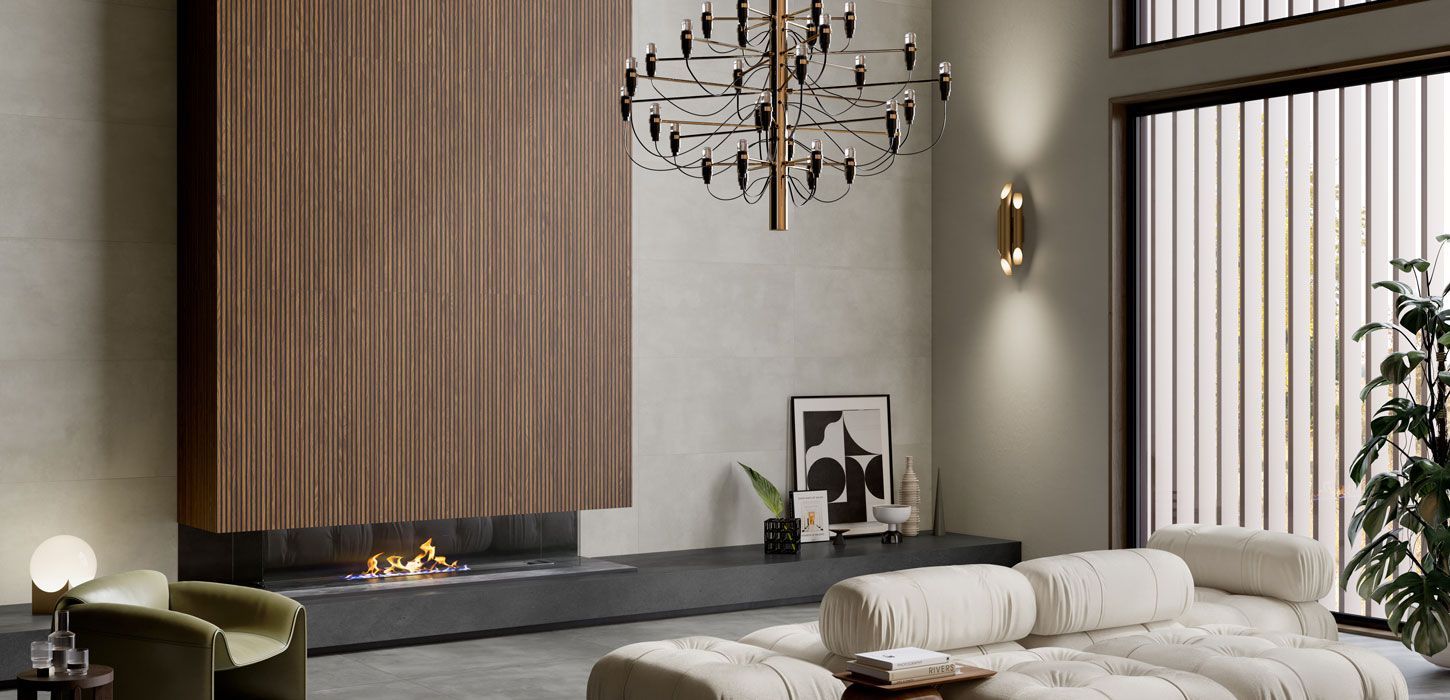 Living room with fire place and cannes fluted wood effect wall tile used above the fire place