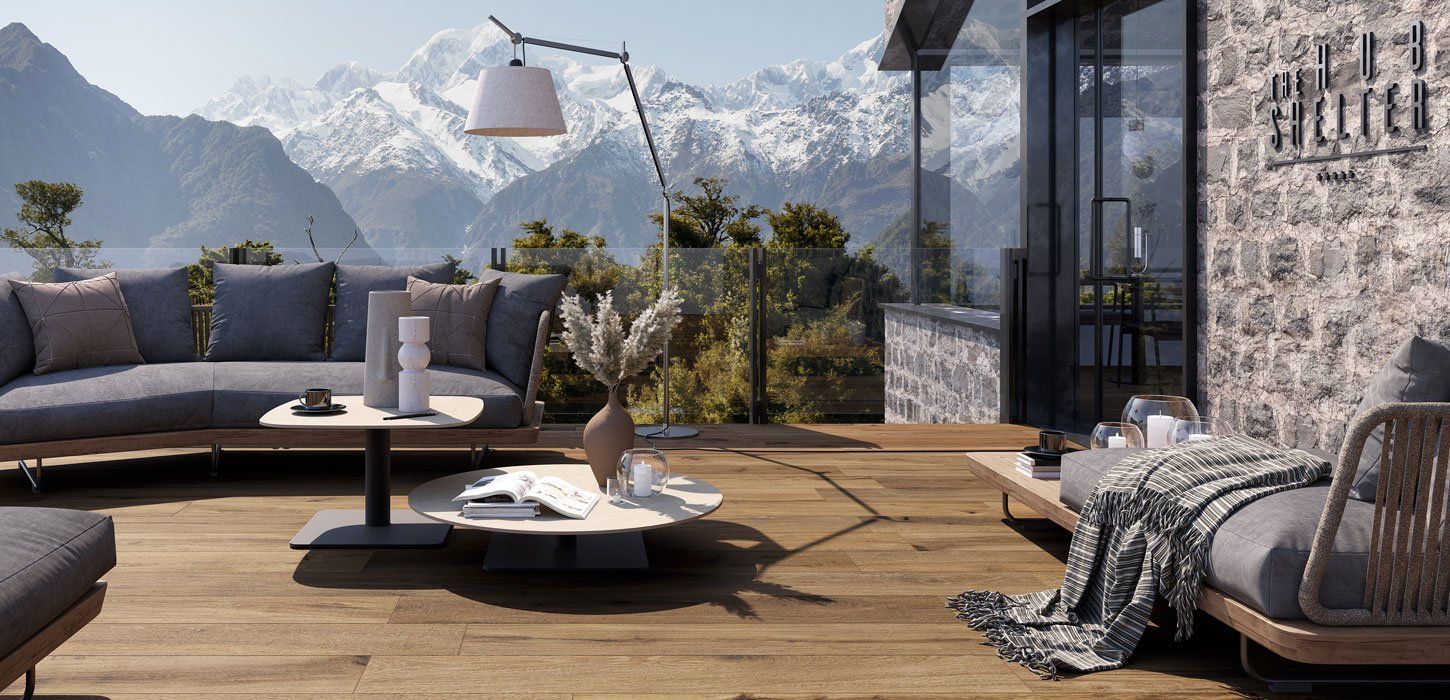 alpine wood effect floor tile used outside in seating area