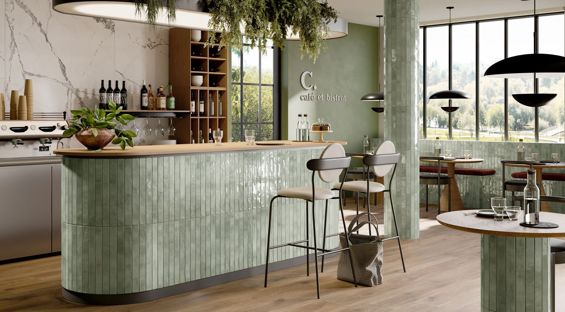 brick gloss green sea tiles used in a restaurant with wooden bar stools