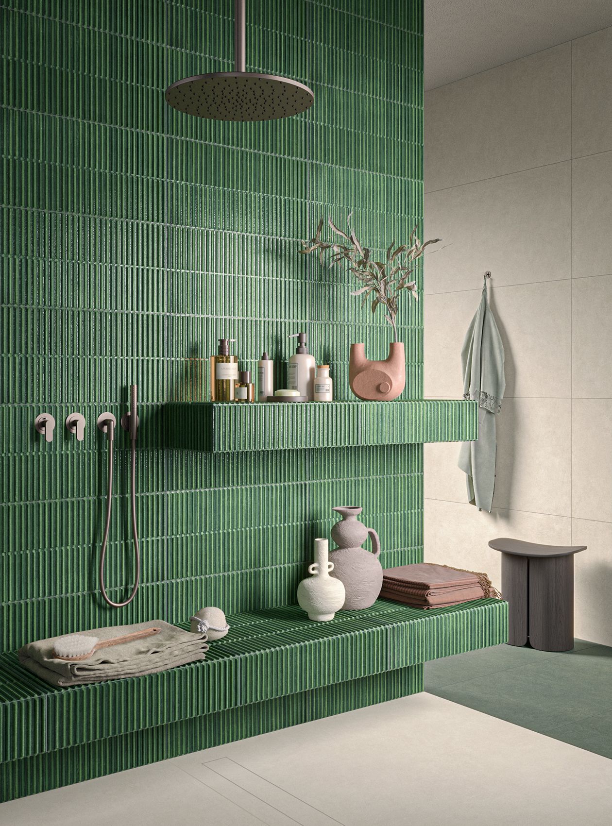 kit kat tiles , green bathroom tiles with a wide shower