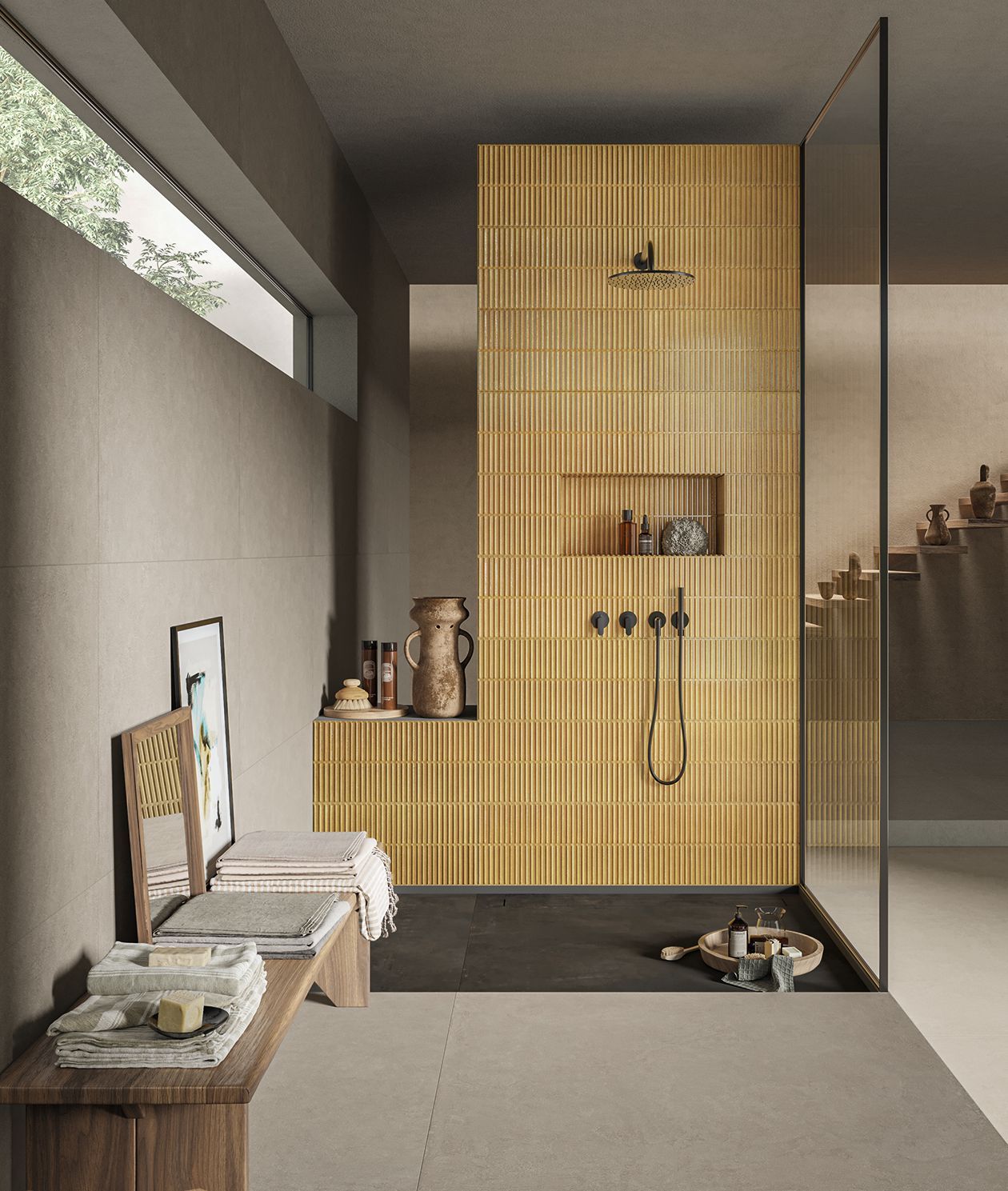 kit kat tiles with a yellow feature shower wall