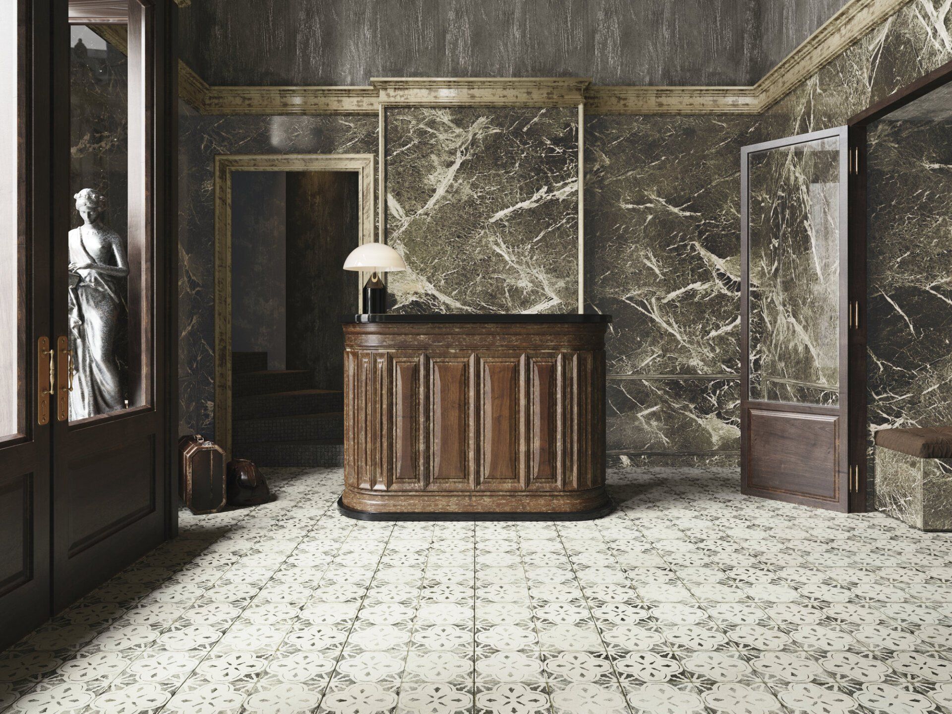 pattern floor tiles, hotel reception, vintage