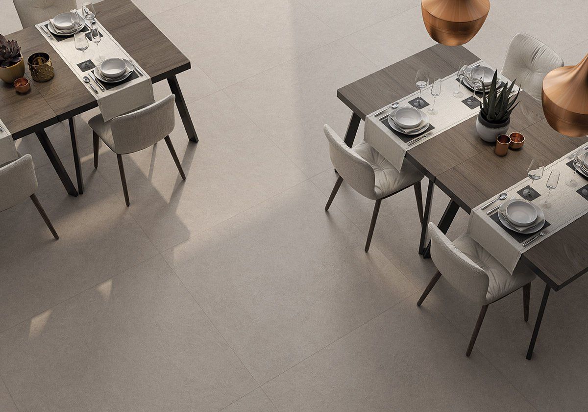 limestone effect tiles , dining room design , restaurant design